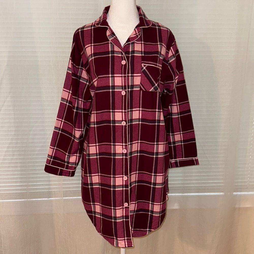 Erxeelo 12-14 Burgundy Pink Plaid Flannel 💯Cotton Pajama Sleep Long Sl Shirt